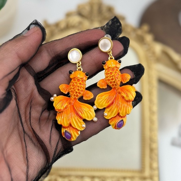 Statement Goldfish Earrings – Hand-Painted Enamel & Pearl Detail - Picture 7 of 10